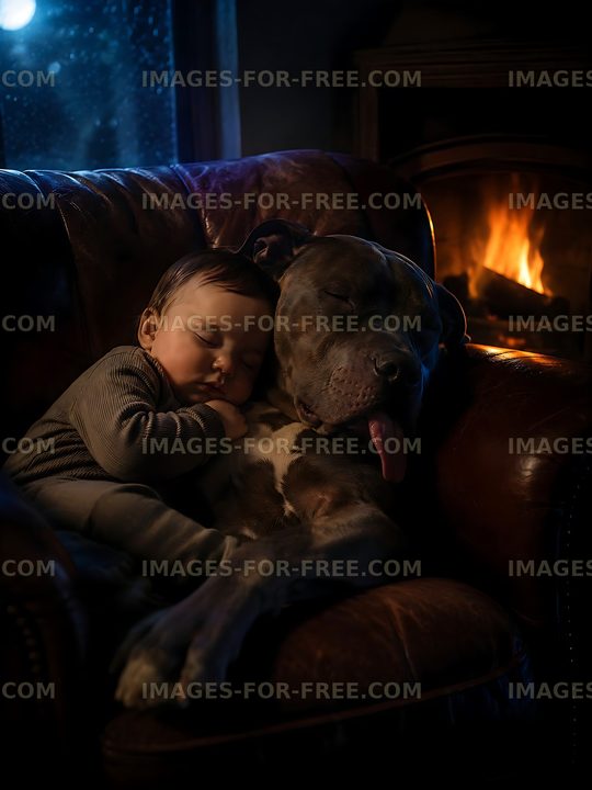 Baby sleeping next to dog on a couch by the fireplace