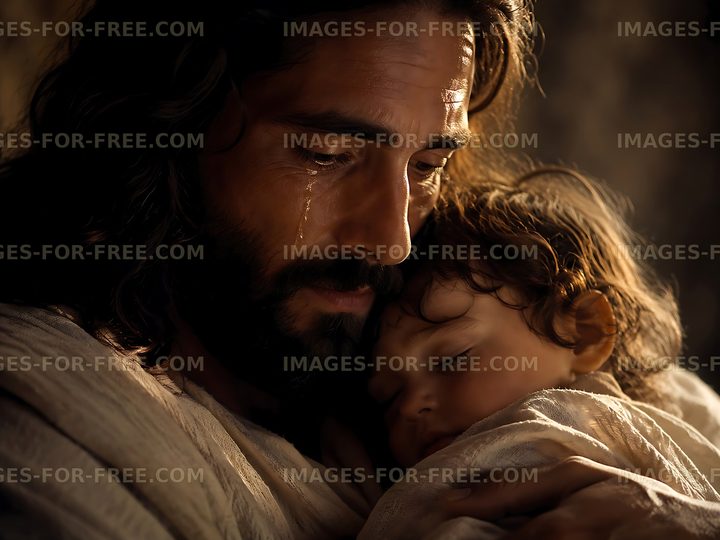 Father holding sleeping child with tears in his eyes