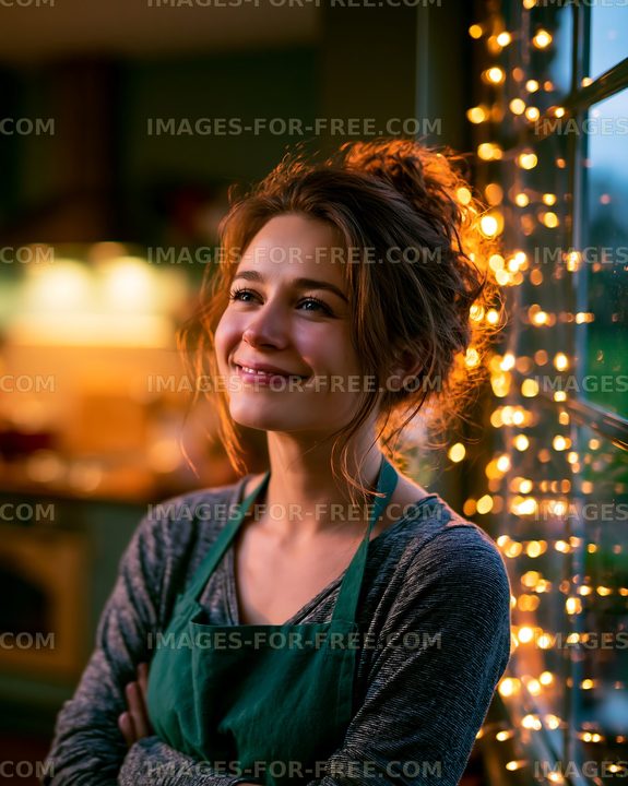 Woman smiling near window with fairy lights