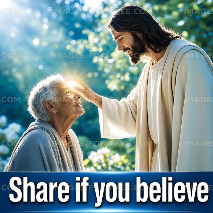 Jesus touching the forehead of an elderly woman outdoors