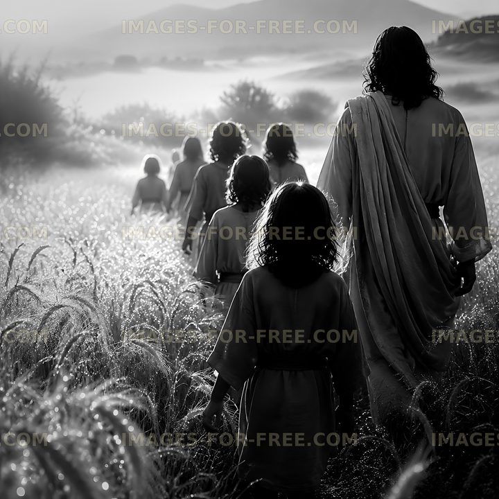 Children walking in a field with a figure in a flowing robe