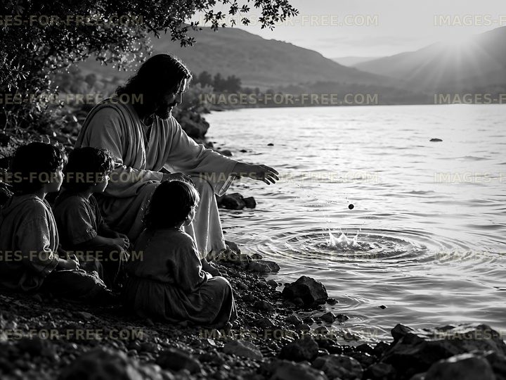 Jesus with children by the lake