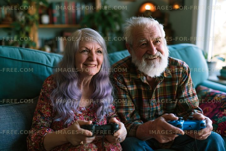 Elderly couple enjoying video games at home
