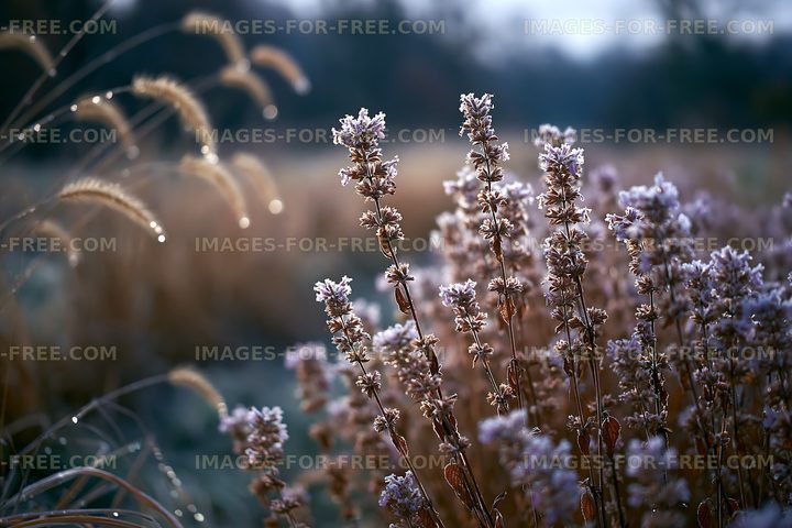 Frost-covered plants in a field with dew in the morning light