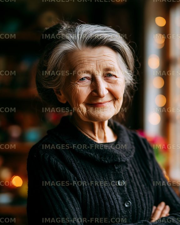 Elderly woman with gray hair smiling in a cozy indoor setting