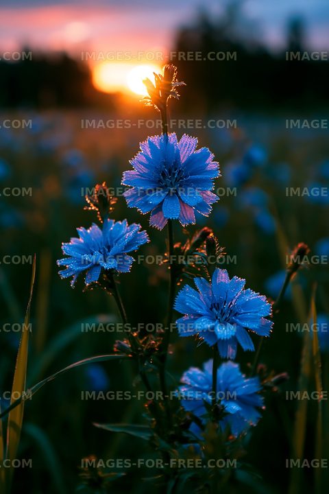 Flowers with dew at sunset in a field