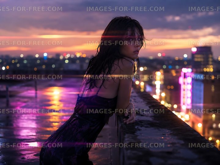 Woman on rooftop during sunset with city lights in background