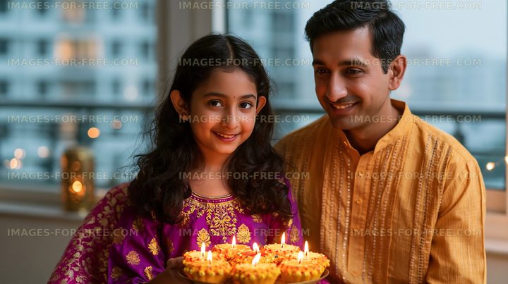 Father and daughter celebrate festival with traditional sweets