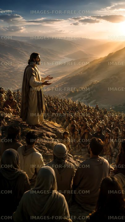 Jesus teaching a large crowd on a hillside at sunset