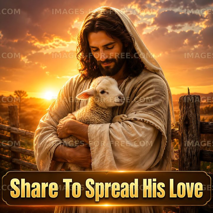 Jesus holding a lamb at sunset in a rural setting