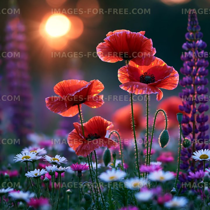 Bright flowers under sunset light in a garden