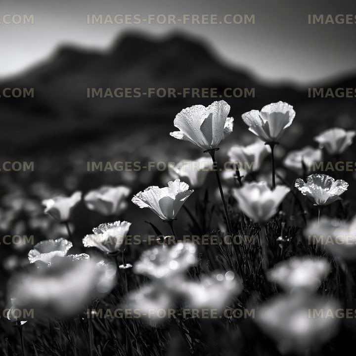 White flowers blooming under sunlight with mountains in background
