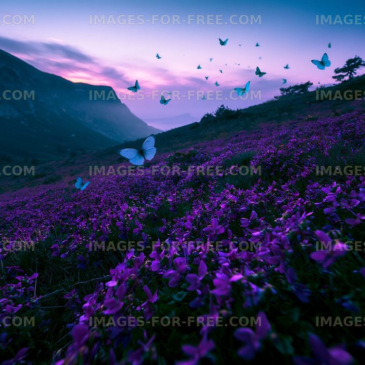 Butterflies flying over purple flowers at sunset