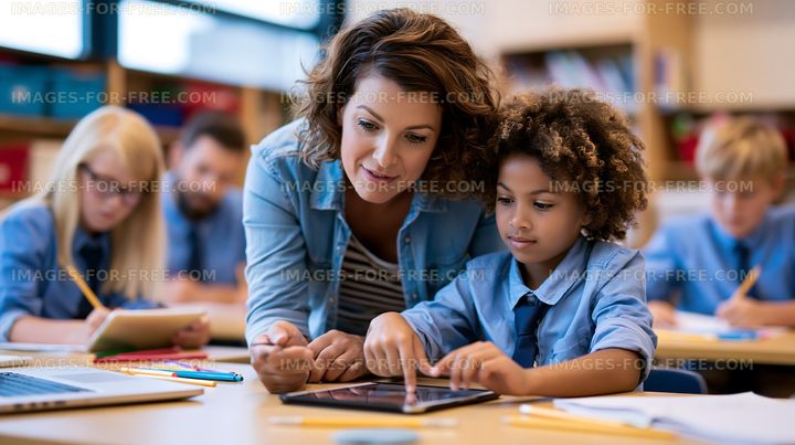 Teacher assisting student with tablet in classroom setting