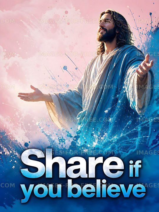 Jesus figure with open arms and colorful background