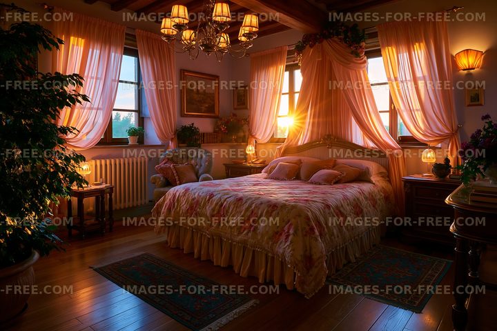 Cozy bedroom with warm lighting at sunset