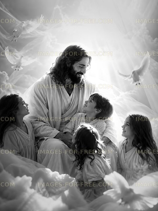 Jesus surrounded by children with doves in heavenly setting