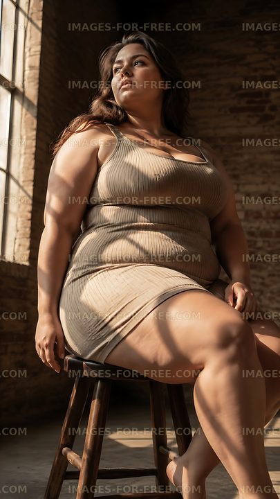 Woman sitting on a stool in a sunlit room