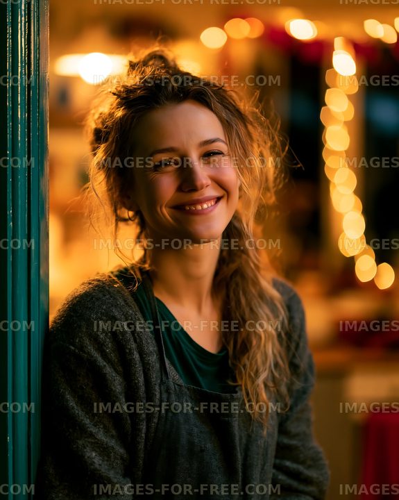 Smiling woman in cozy setting with warm lights