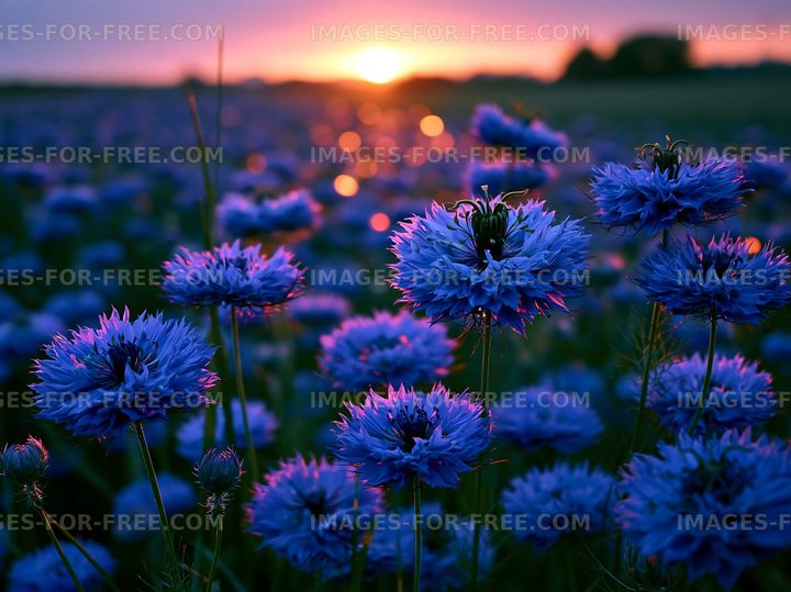 Blue flowers bloom at sunset in a rural field