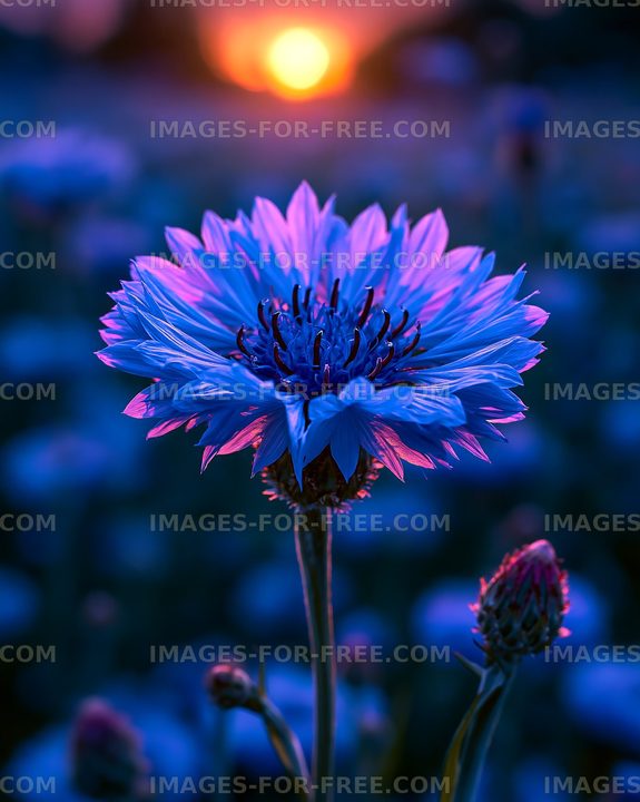 Vibrant flower with sunset in the background