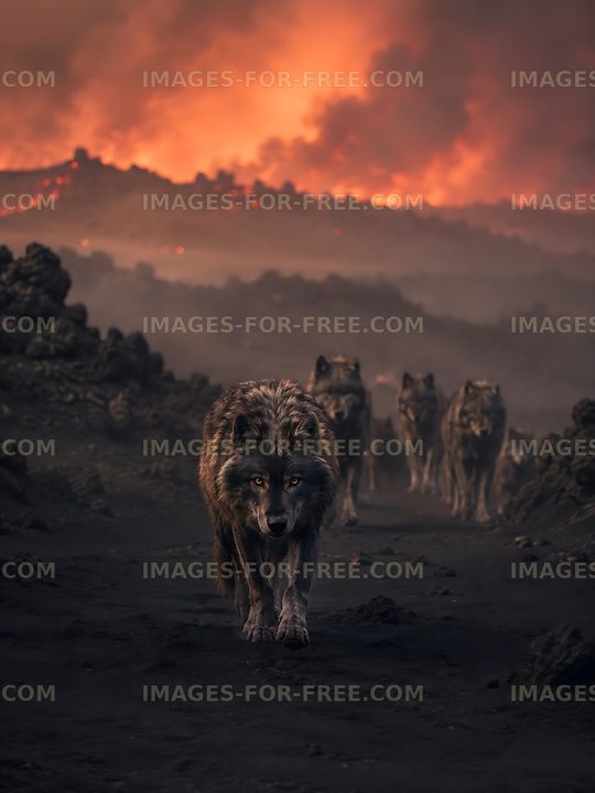 Wolves walking through volcanic landscape during dramatic sunset