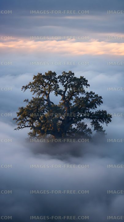 Tree emerging from fog at sunrise