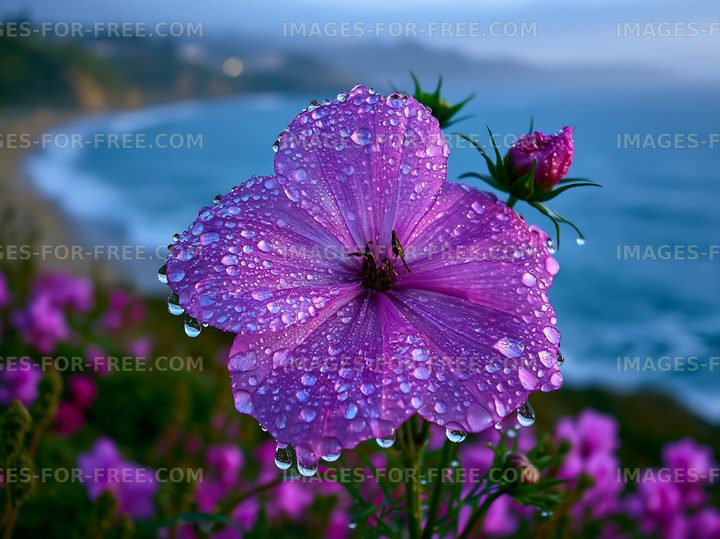 Close-up of purple flower with water droplets by the ocean