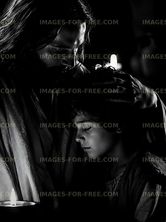 Father and son share a moment in dim light