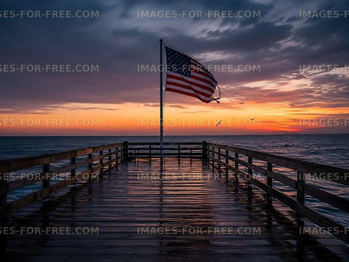 Sunset over ocean pier with American flag in the foreground