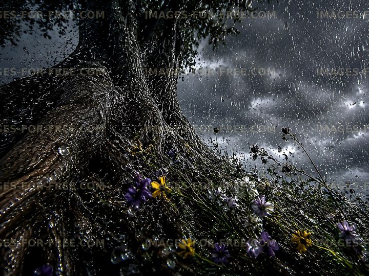 Rain falls on a tree trunk surrounded by wildflowers