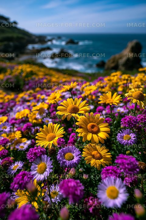 Vibrant flowers along the coastline in daytime