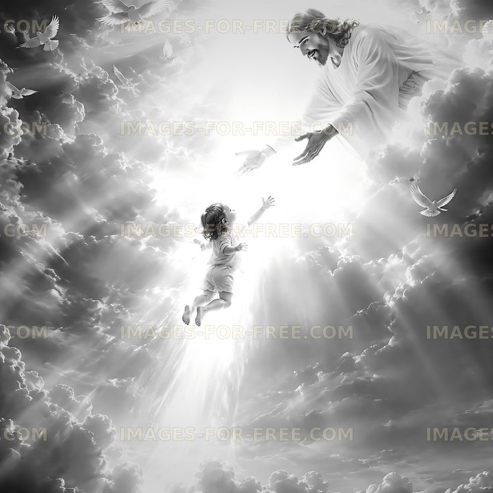 Child reaching toward a figure in the clouds