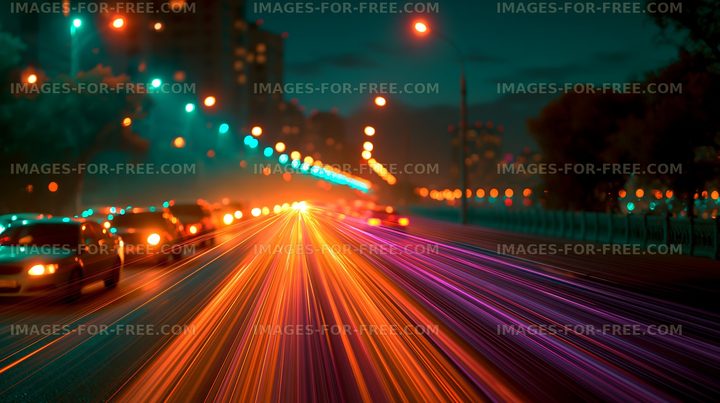 Motion of cars on a busy city street at night