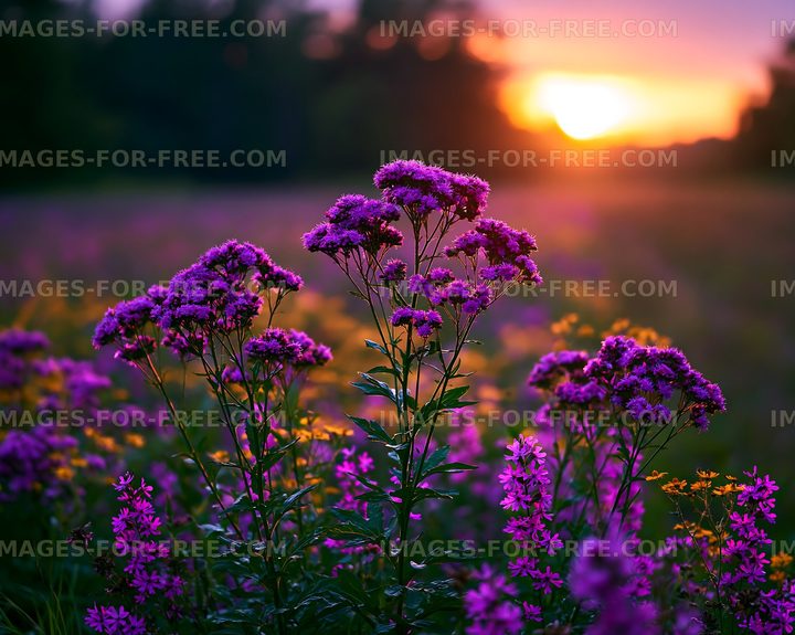 Violet flowers bloom at sunset in a field