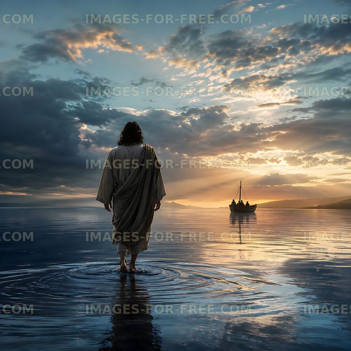 Walking on water at sunset near a boat