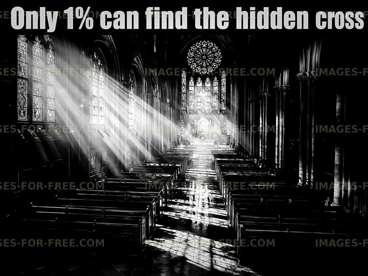 Hidden cross in a church with light streaming through stained glass