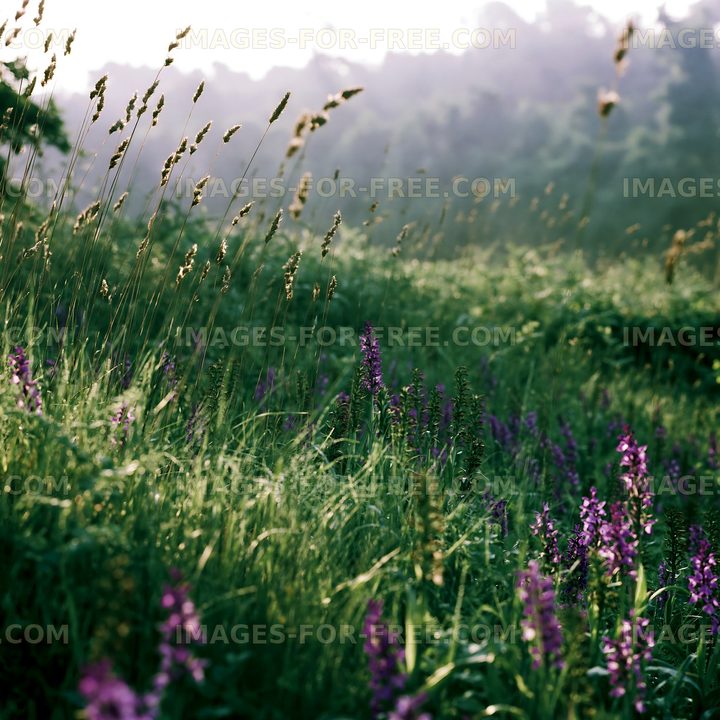 Wildflowers bloom in a sunlit meadow during early morning