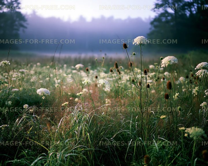 Morning fog over a field of wildflowers