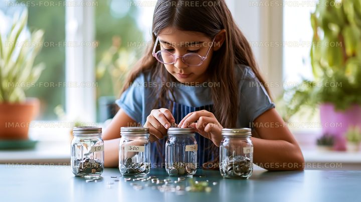 Child counting coins in glass jars at home
