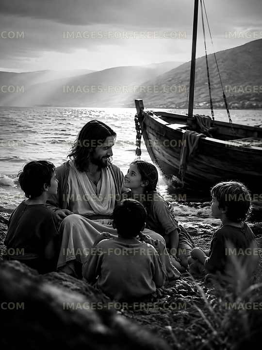 Jesus sits with children by the shore near a boat