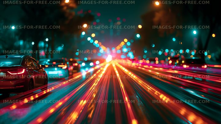 Nighttime city street with light trails from moving cars