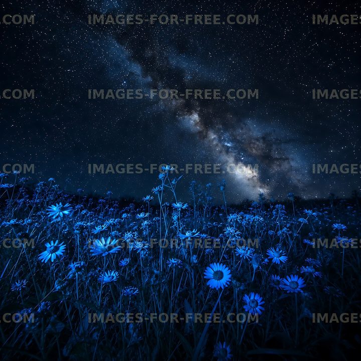 Night sky with stars and blue flowers in a field
