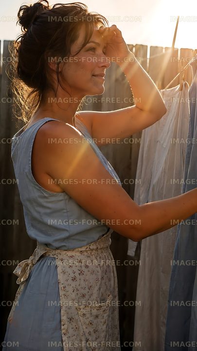 Woman hanging laundry in sunlight near wooden fence