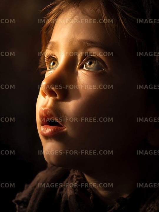Child gazing upward with wide eyes in dim light