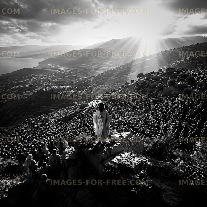 Crowd on hillside during sunset with figure in white robe