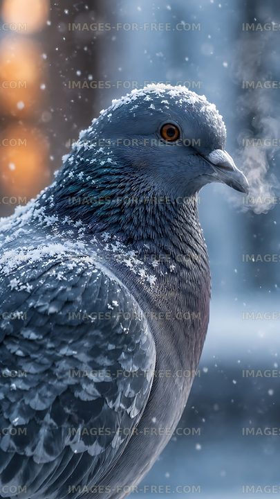 Pigeon with snow on feathers in winter setting