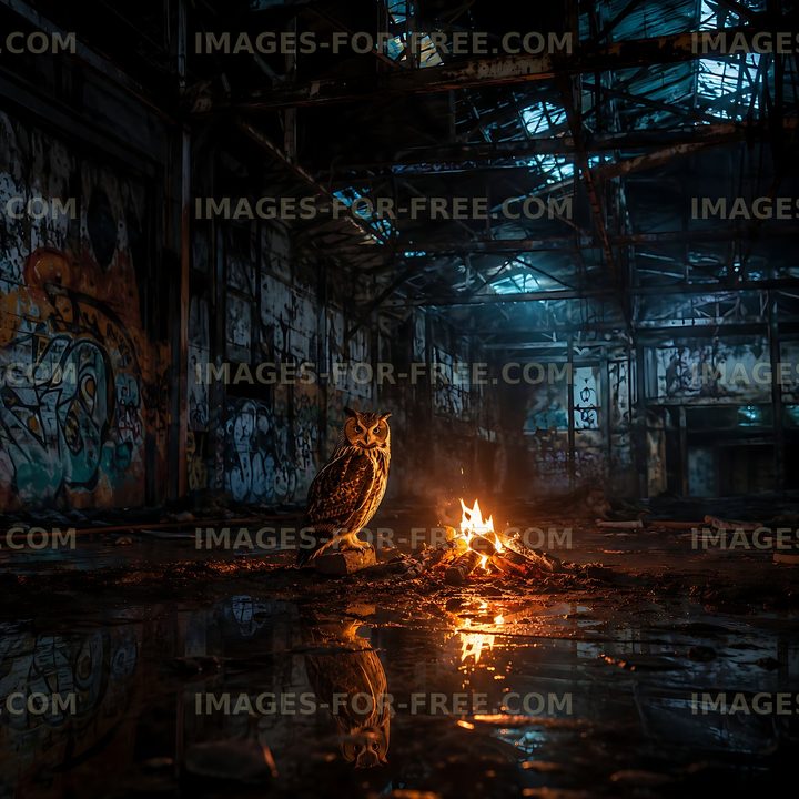 Owl near fire in abandoned industrial building