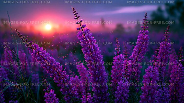 Purple flowers at sunset in a field