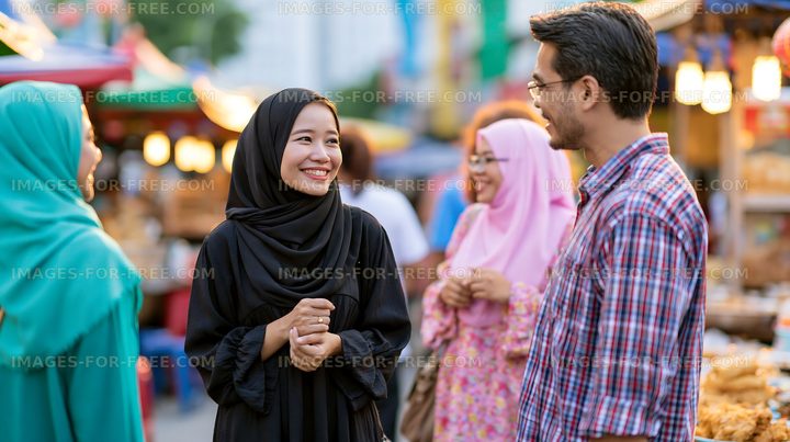 People enjoying conversation at a vibrant market